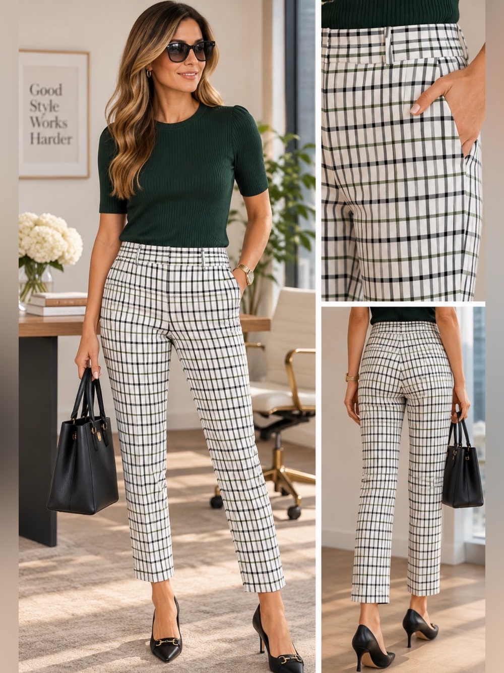 Theory Classic Pant Grid Plaid Stretch Viscose Ankle Pants Women’s Size 4 USA